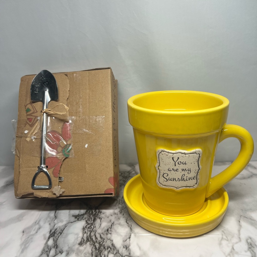 Flower Pot Ceramic Mug Saucer  Let Your Heart Rejoice Spade Spoon Set